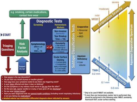 Fig. 1. DED DIAGNOSTIC TEST BATTERY. The screening DEQ-5 or OSDI confirms that a patient might have DED and triggers the diagnostic tests of noninvasive break-up time, osmolarity and ocular surface staining with fluorescein and lissamine green. On initial diagnosis, it is important to exclude conditions that can mimic DED with the aid of the triaging questions and to assess the risk factors which may inform management options. Marked symptoms in the absence of clinically observable signs suggest there may be an element of neuropathic pain.   DED is a subset of OSD; signs alone may still warrant management to prevent DED manifestation and to optimize the optical corneal surface, such as prior to refractive surgery or contact lens wear. MGD lipid thickness/dynamics and tear volume assessment and their severity inform the subtype classification of DED (as predominantly evaporative or predominantly aqueous deficient) which helps inform the management of DED.   Mild MGD is indicated by a secretion grade 4-7, an expressibility grade of 1 and an amorphous/color fringes lipid pattern. Moderate MGD is indicated by meibomian gland orifice plugging, lid margin vascularity, a secretion grade 8-12, an expressibility grade of 2 and a meshwork or wave (flow) lipid pattern. Severe MGD is indicated by lid margin meibomian gland orifice drop-out or displacement, a secretion grade 13, an expressibility grade of 3 and an absent, globular or abnormal colored fringes lipid pattern. Adapted and reprinted from Ocular Surface (2017) 544–579, Wolffsohn JS, Arita R, Chalmers, R, et al. TFOS DEWS II diagnostic methodology report, p. 561, © 2017, with permission from Elsevier.