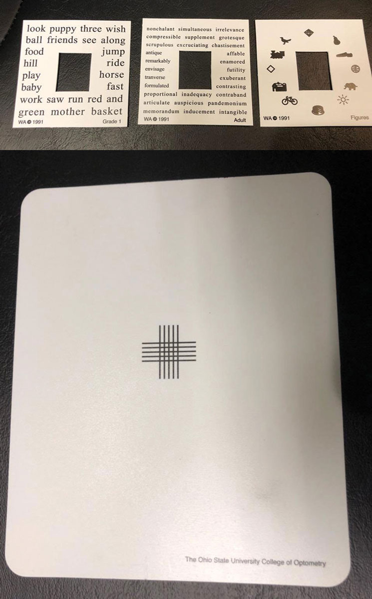 MEM cards (top) and FCC test cards (bottom) are both useful tools to help identify appropriate add powers in patients with binocular vision and accomodative issues.